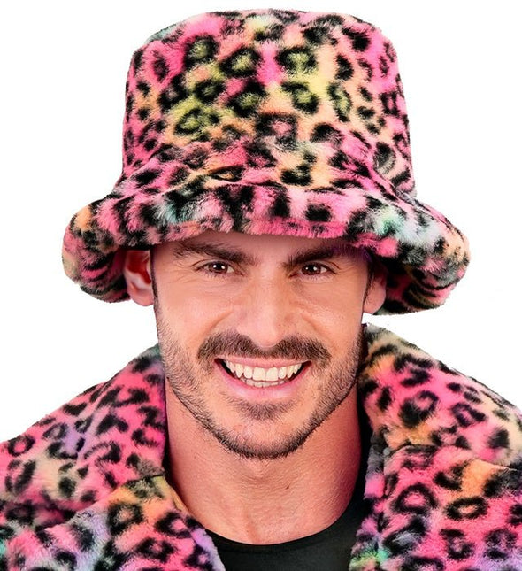 Gekleurde Bucket Hat Panterprint Pluche van Widmann koop je bij Partywinkel