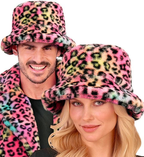 Gekleurde Bucket Hat Panterprint Pluche van Widmann koop je bij Partywinkel