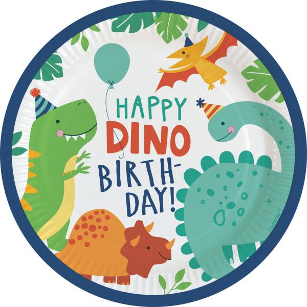 Gekleurde Dino Borden Happy Birthday 23cm 8st van Riethmueller koop je bij Partywinkel