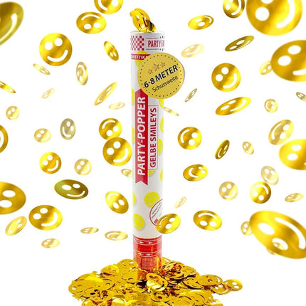 Cañón de confeti Smiley dorado, 40 cm