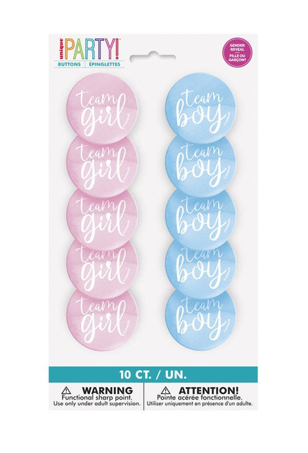 Gender Reveal Buttons Team Boy En Team Girl 3cm 10st van Unique koop je bij Partywinkel
