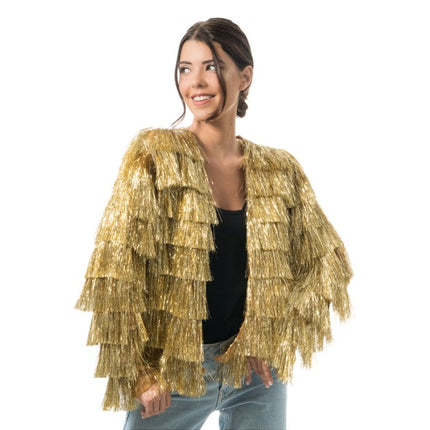 Chaqueta dorada con lamé y flecos para mujer