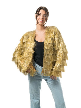 Chaqueta dorada con lamé y flecos para mujer