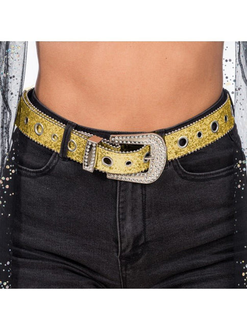 Gouden Glitterriem met Strass Western Gesp 112cm van CHAKS koop je bij Partywinkel