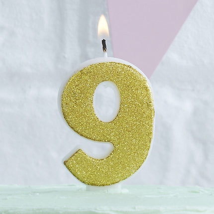 Gouden Kaars 9 Jaar Glitters 6cm van Ginger Ray koop je bij Partywinkel