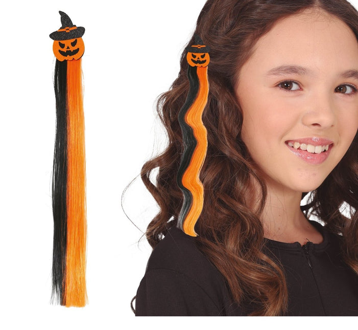Halloween Hair Extension Zwart Oranje 40cm - Partywinkel - 8434077480731