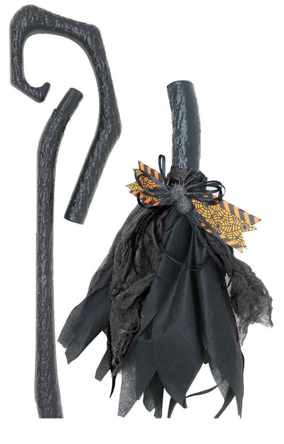 Halloween Heksenbezem Zwart Paars 90cm - Partywinkel - 8434077199992