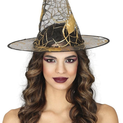 Halloween Heksenhoed Zwart Goud - Partywinkel - 8434077135204