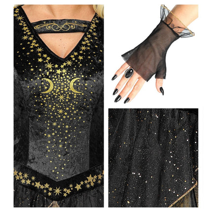 Halloween Jurk Zwart Goud Dames Heks van Widmann koop je bij Partywinkel