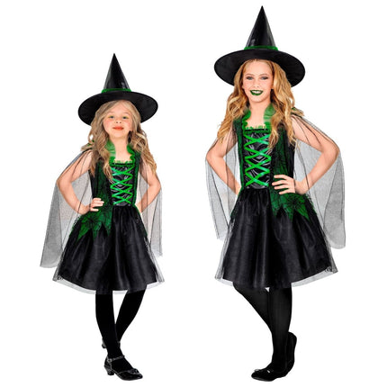 Halloween Jurk Zwart Groen Meisje Heks 2 delig van Widmann koop je bij Partywinkel
