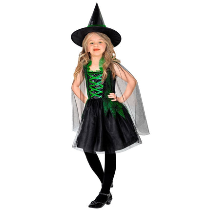 Halloween Jurk Zwart Groen Meisje Heks 2 delig van Widmann koop je bij Partywinkel
