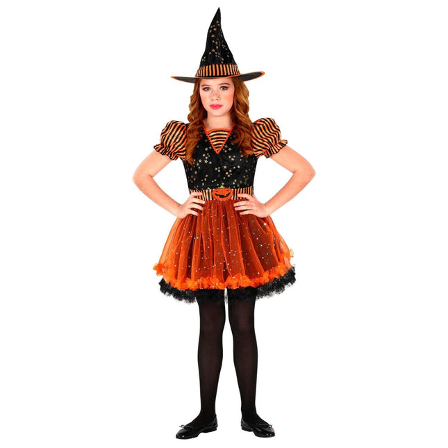Halloween Jurk Zwart Oranje Meisje Heks van Widmann koop je bij Partywinkel