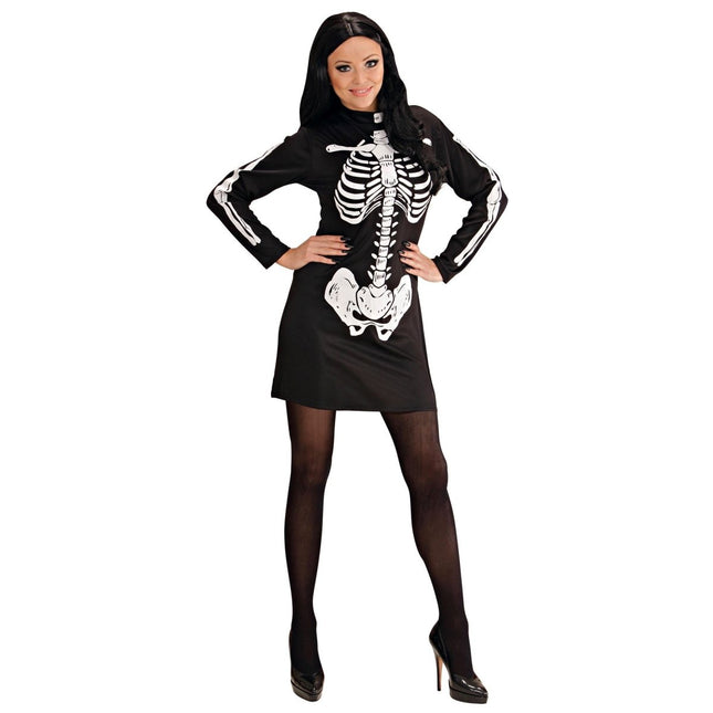 Halloween Jurk Zwart Wit Dames Skelet van Widmann koop je bij Partywinkel