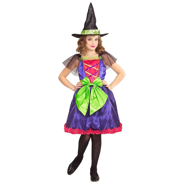 Halloween Kostuum Paars Groen Meisje Heks van Widmann koop je bij Partywinkel