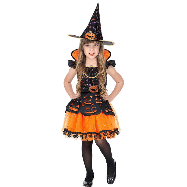 Halloween Kostuum Zwart Oranje Meisje Heks van Widmann koop je bij Partywinkel