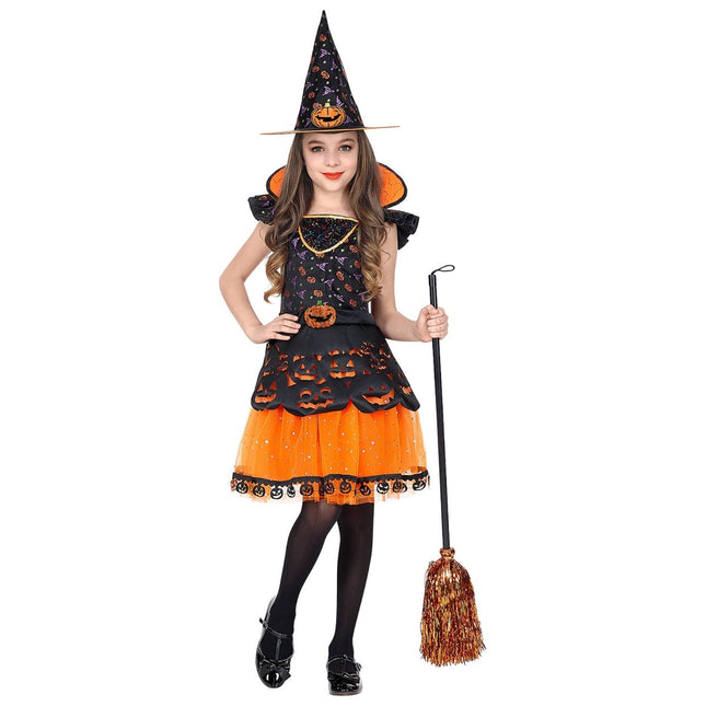 Halloween Kostuum Zwart Oranje Meisje Heks van Widmann koop je bij Partywinkel