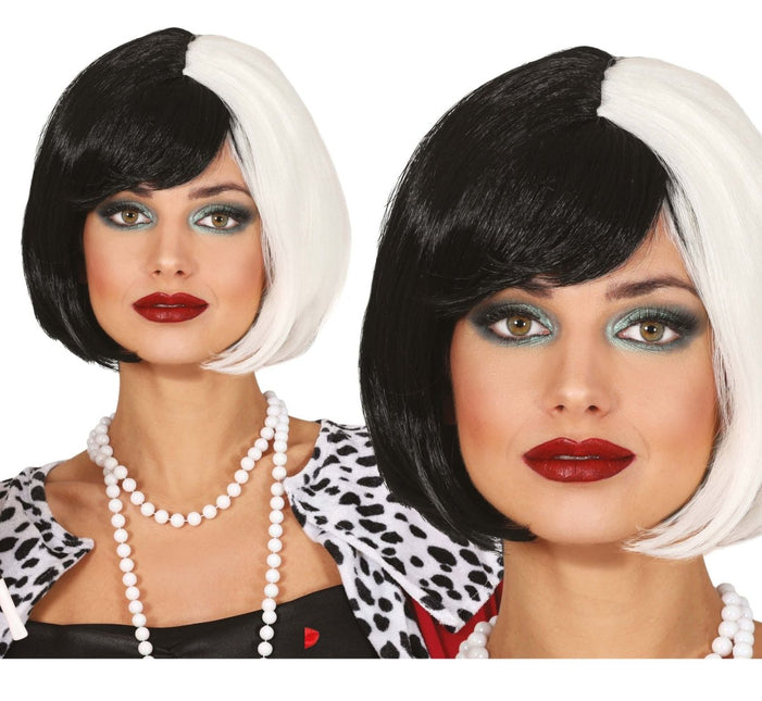 Halloween Pruik Zwart Wit Kort Haar - Partywinkel - 8434077480533