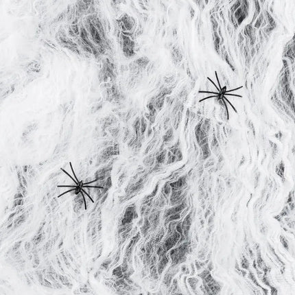 Halloween Spinnenweb Wit Met 2 Zwarte Spinnen 200gr van Partydeco koop je bij Partywinkel