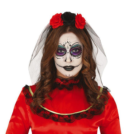 Halloween Tiara Sluier En Bloemen Rood van Fiestas Guirca koop je bij Partywinkel