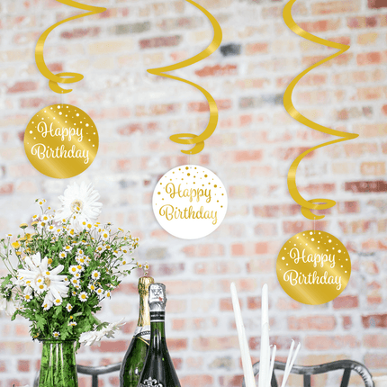 Hangdecoratie Happy Birthday Goud Wit 17cm 3st van Paper Dreams koop je bij Partywinkel