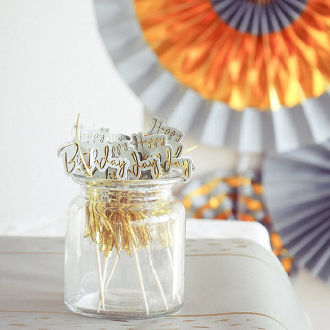 Happy Birthday Parasol Prikkers Golden Dawn 12cm 12st van Folat koop je bij Partywinkel