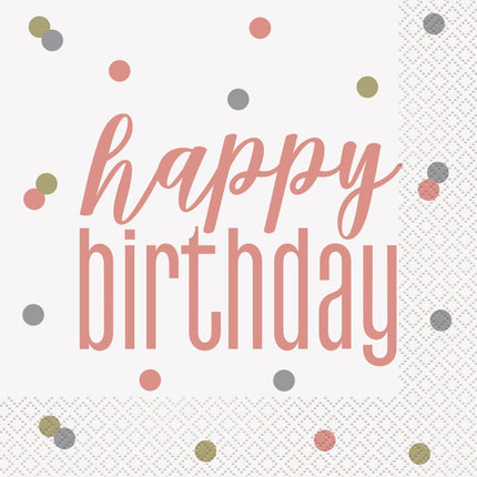 Happy Birthday Servetten Rose Goud 33cm 16st van Unique koop je bij Partywinkel