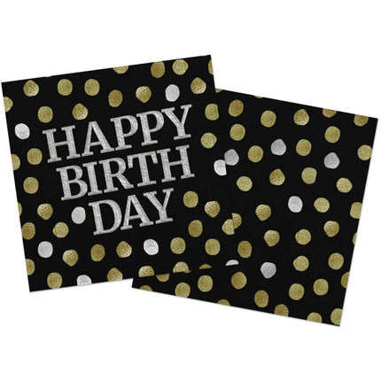 Happy Birthday Servetten Zwart 33cm 20st van Folat koop je bij Partywinkel