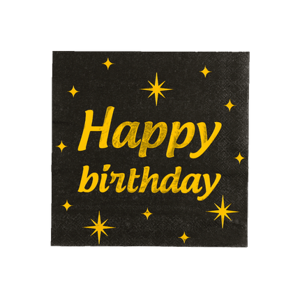Happy Birthday Servetten Zwart Goud 19cm 16st - Partywinkel - 8716764238383