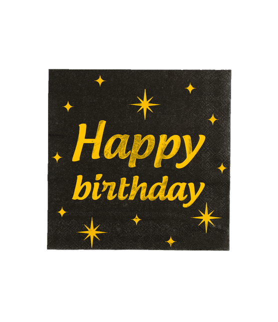 Happy Birthday Servetten Zwart Goud 19cm 16st - Partywinkel - 8716764238383