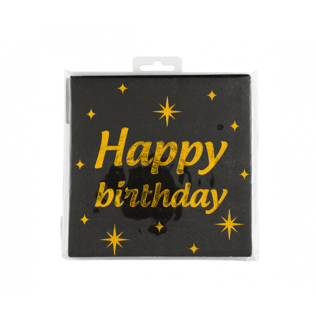 Happy Birthday Servetten Zwart Goud 19cm 16st - Partywinkel - 8716764238383
