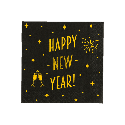 Happy New Year Servetten Zwart Goud 19cm 16st - Partywinkel - 8716764238536