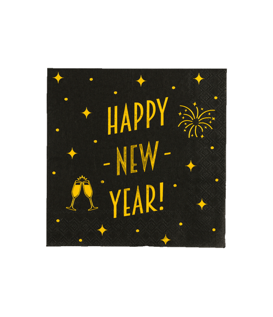 Happy New Year Servetten Zwart Goud 19cm 16st - Partywinkel - 8716764238536