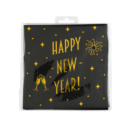 Happy New Year Servetten Zwart Goud 19cm 16st - Partywinkel - 8716764238536