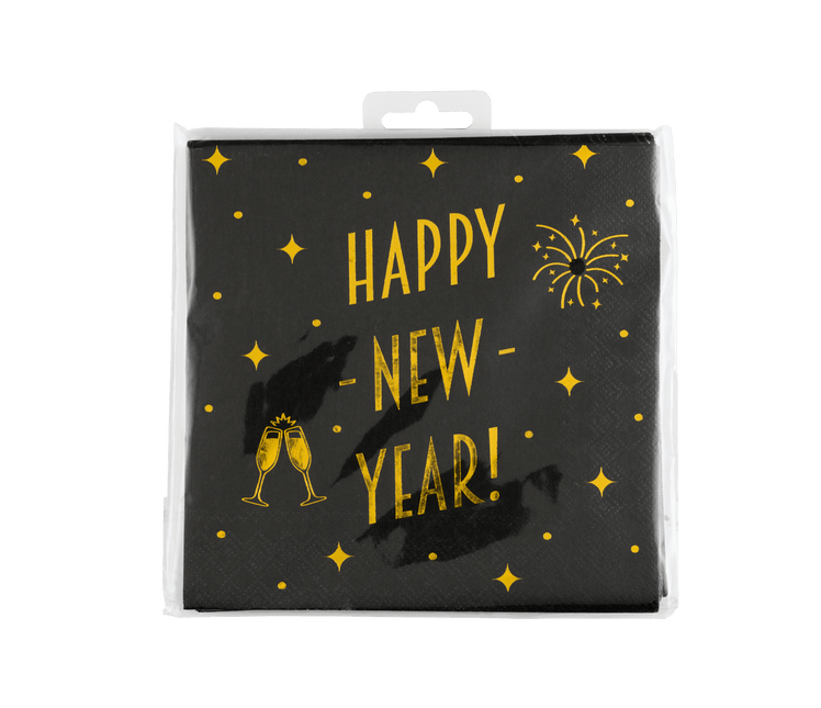 Happy New Year Servetten Zwart Goud 19cm 16st - Partywinkel - 8716764238536