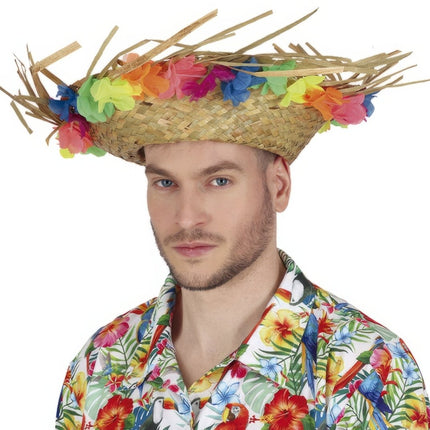 Hawaii Strohoed Met Bloemen van Fiestas Guirca koop je bij Partywinkel