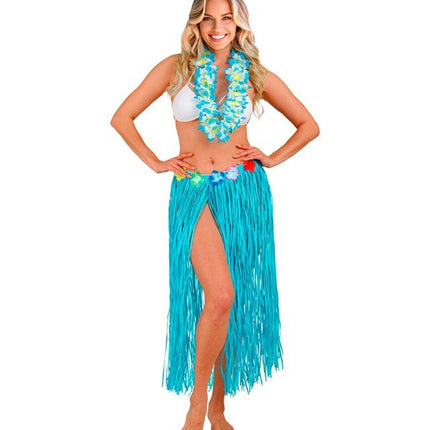 Hawaiirokje Lichtblauw Met Bloemenriem 80cm van Widmann koop je bij Partywinkel