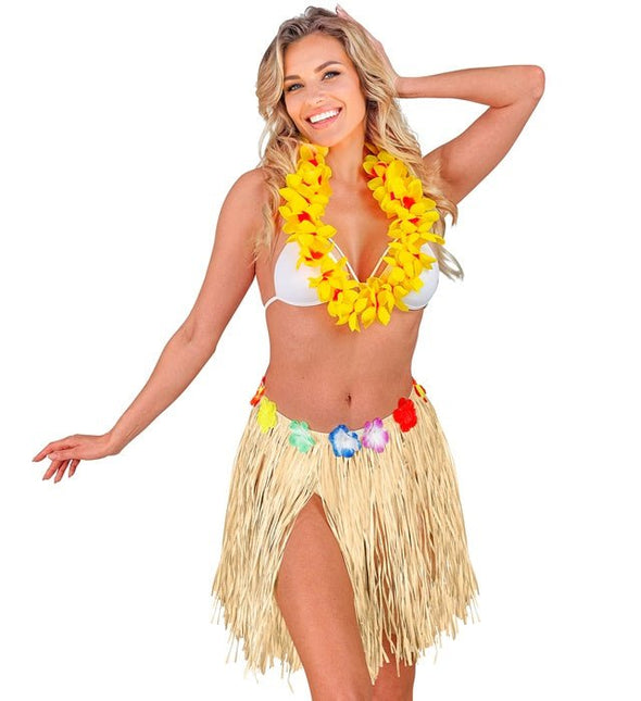 Hawaiirokje Naturel Met Bloemenriem 40cm van Widmann koop je bij Partywinkel
