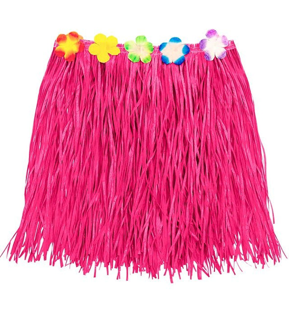 Hawaiirokje Roze Met Bloemenriem 40cm van Widmann koop je bij Partywinkel