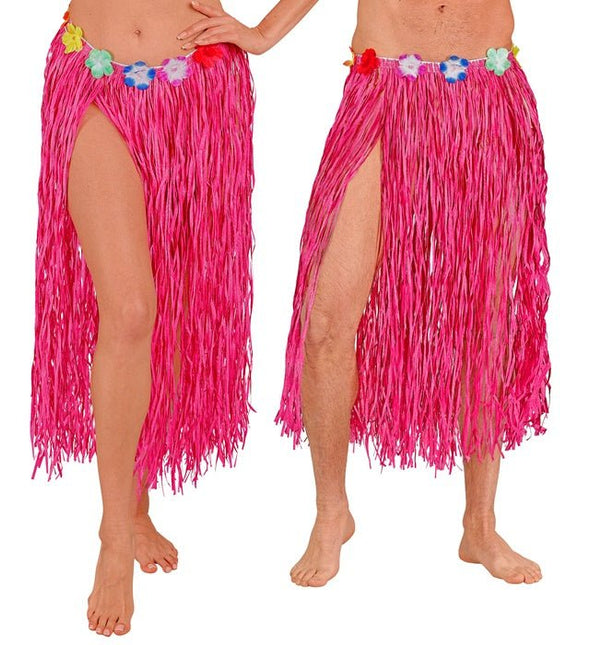 Hawaiirokje Roze Met Bloemenriem 80cm van Widmann koop je bij Partywinkel