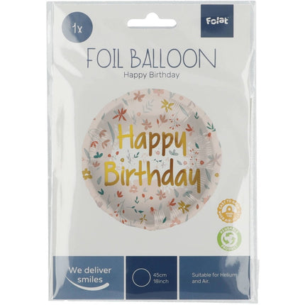 Helium Ballon Happy Birthday Bloemen Roze Goud Leeg 45cm van Folat koop je bij Partywinkel