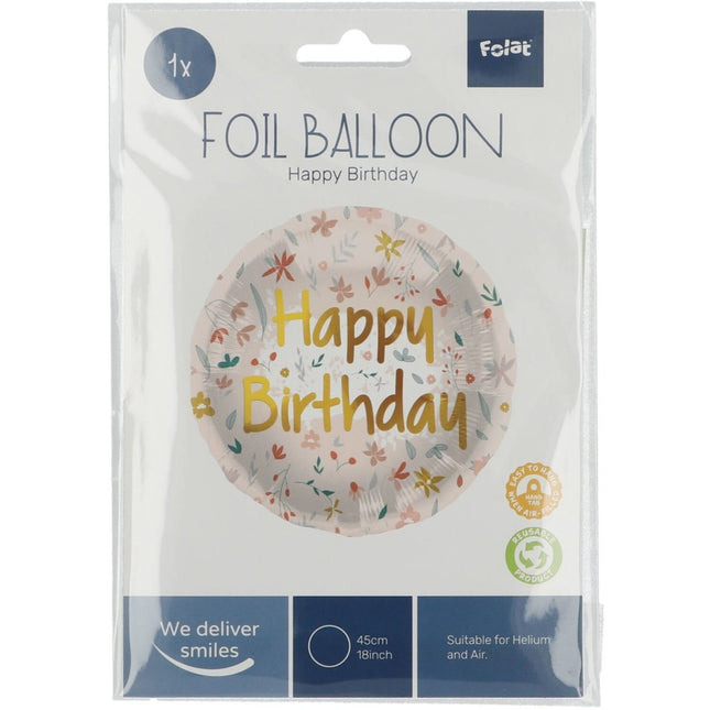Helium Ballon Happy Birthday Bloemen Roze Goud Leeg 45cm van Folat koop je bij Partywinkel