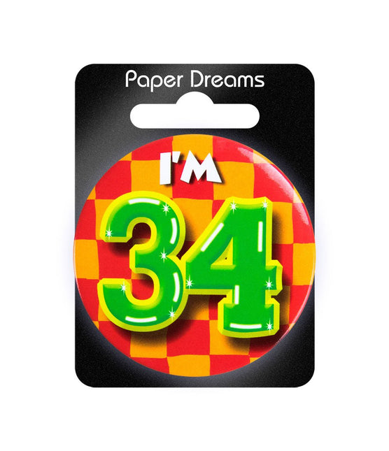 I'm 34 Button 34 Jaar 5,5cm van Paper Dreams koop je bij Partywinkel