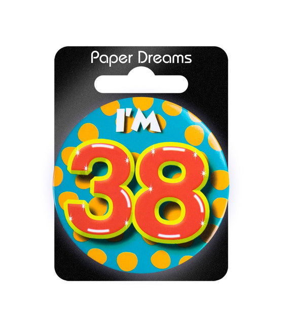 I'm 38 Button 38 Jaar 5,5cm van Paper Dreams koop je bij Partywinkel