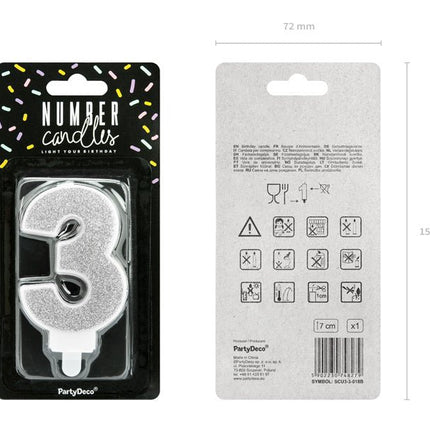 Kaars 3 Jaar Zilver 7cm van Partydeco koop je bij Partywinkel