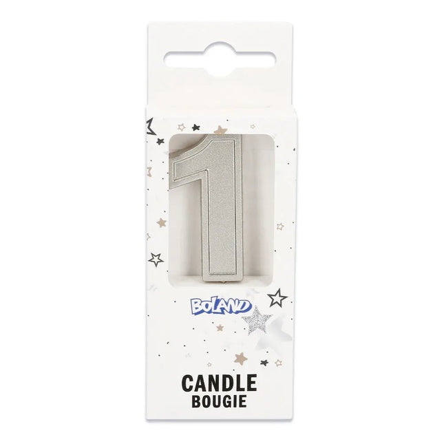 Kaarsje Elegant '1' zilver op prikker (3 x 4,2 x 0,7 cm) van Boland koop je bij Partywinkel