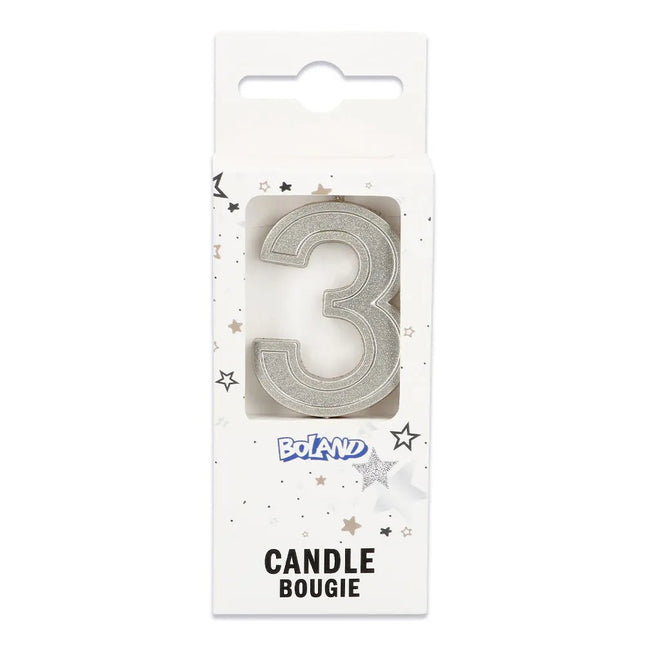 Kaarsje Elegant '3' zilver op prikker (3 x 4,2 x 0,7 cm) van Boland koop je bij Partywinkel