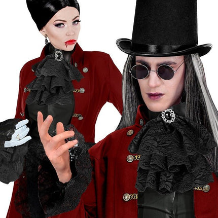 KANTEN JABOT MET EDELSTENEN EN MANCHETTEN - ZWART van Widmann koop je bij Partywinkel