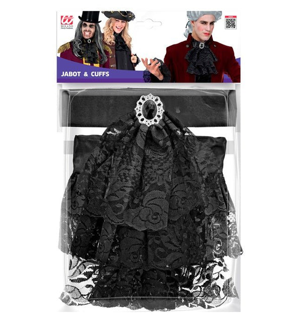 KANTEN JABOT MET EDELSTENEN EN MANCHETTEN - ZWART van Widmann koop je bij Partywinkel