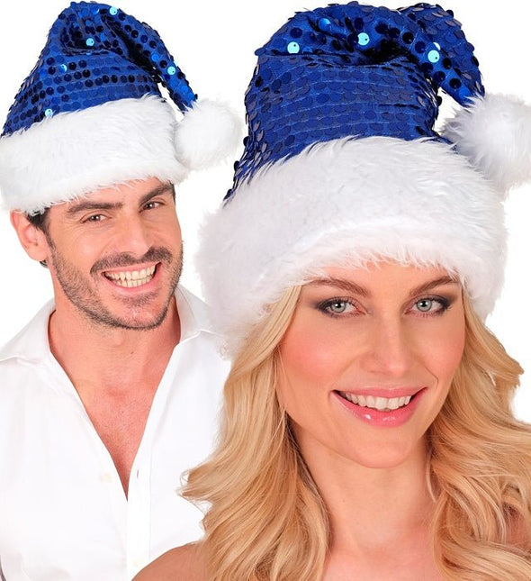 KERSTMAN MUTS PLUCHE EN PAILLETTEN BLAUW van Widmann koop je bij Partywinkel