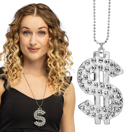 Ketting Bling dollar zilver van Boland koop je bij Partywinkel